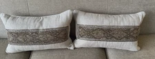 Arhaus Linen Pillows Extensive Beading Herringbone Pattern Down Feather Inserts