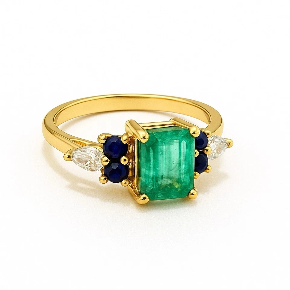 Anillo de plata esterlina corte esmeralda detalles de zafiro y circón | Regalo de Navidad Foto 4 de 4