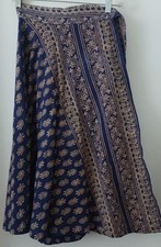 VINTAGE 1970s BLOCK PRINT BLUE WRAP SKIRT 100 COTTON HIPPIE BOHO MADE IN INDIA
