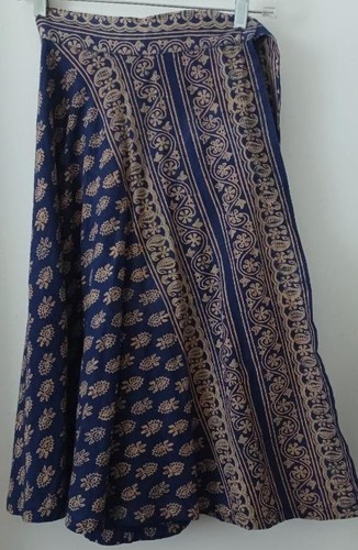 VINTAGE 1970s BLOCK PRINT BLUE WRAP SKIRT 100% COTTON HIPPIE BOHO MADE IN INDIA