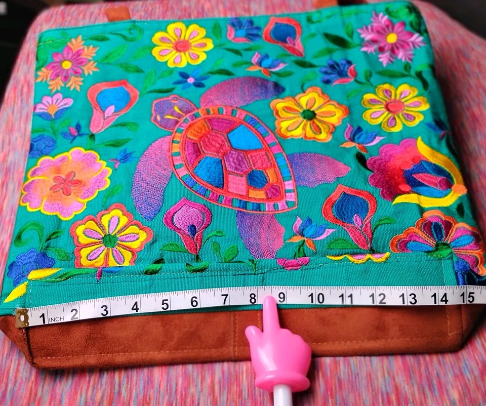 Bolso de Mano Extra Grande Bordado con Tortuga Marina y Flores Colorido Boho Playa Foto 3 de 4