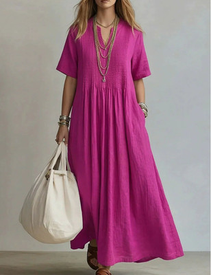boho maxi dress size 16 Ladies Summer Long V Neck Pleated Short Sleeve Cotton Linen ANGELINA Off-Shoulder Satin A-Line usa2910 Or Bohemian Festivals Color:White Black Dots
