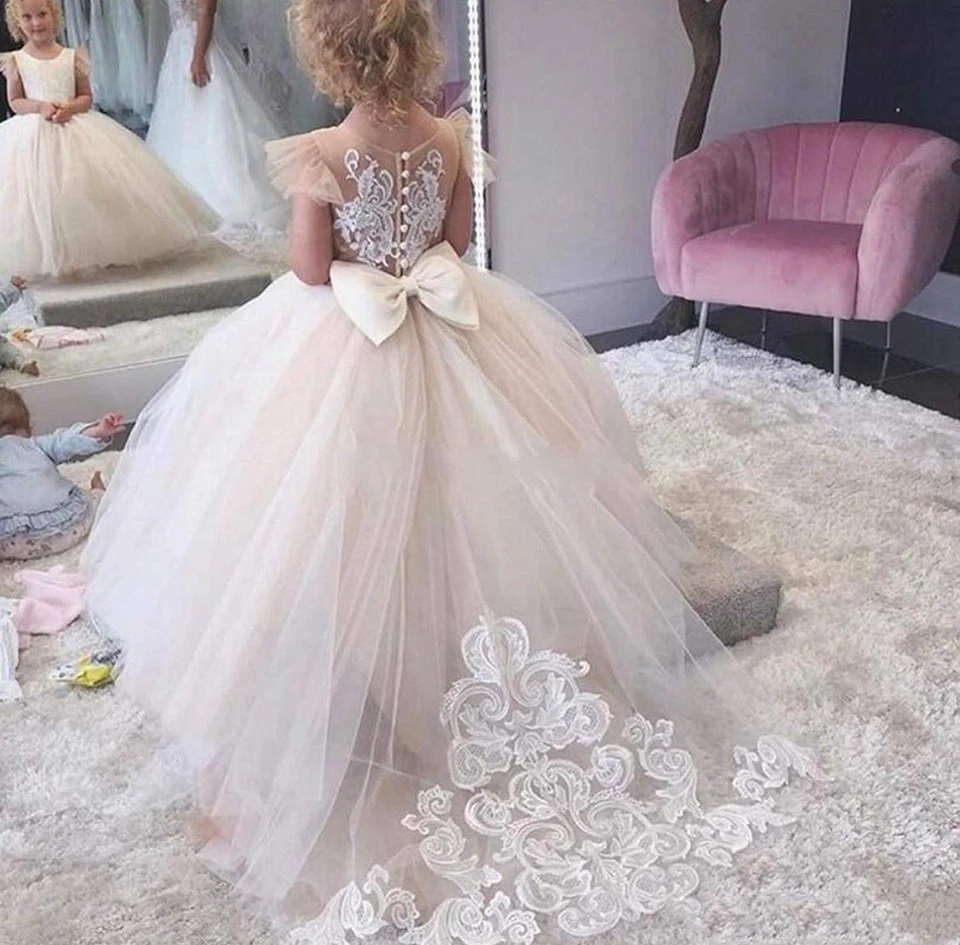 Vestido de encaje de tul con flores para niña boda fiesta niños graduación vestido de baile *sin moño* talla 8 Foto 3 de 4