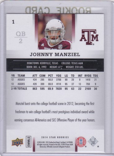 JOHNNY MANZIEL Upper Deck 2014 STAR NOVATO Texas A&M Aggies RC TARJETA de novato - Imagen 2 de 2