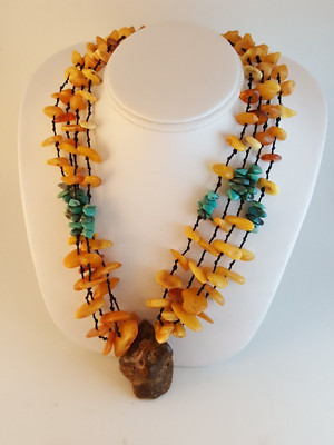 Amber nugget turquoise 4 strand necklace with rustic amber focal bead Baltic +