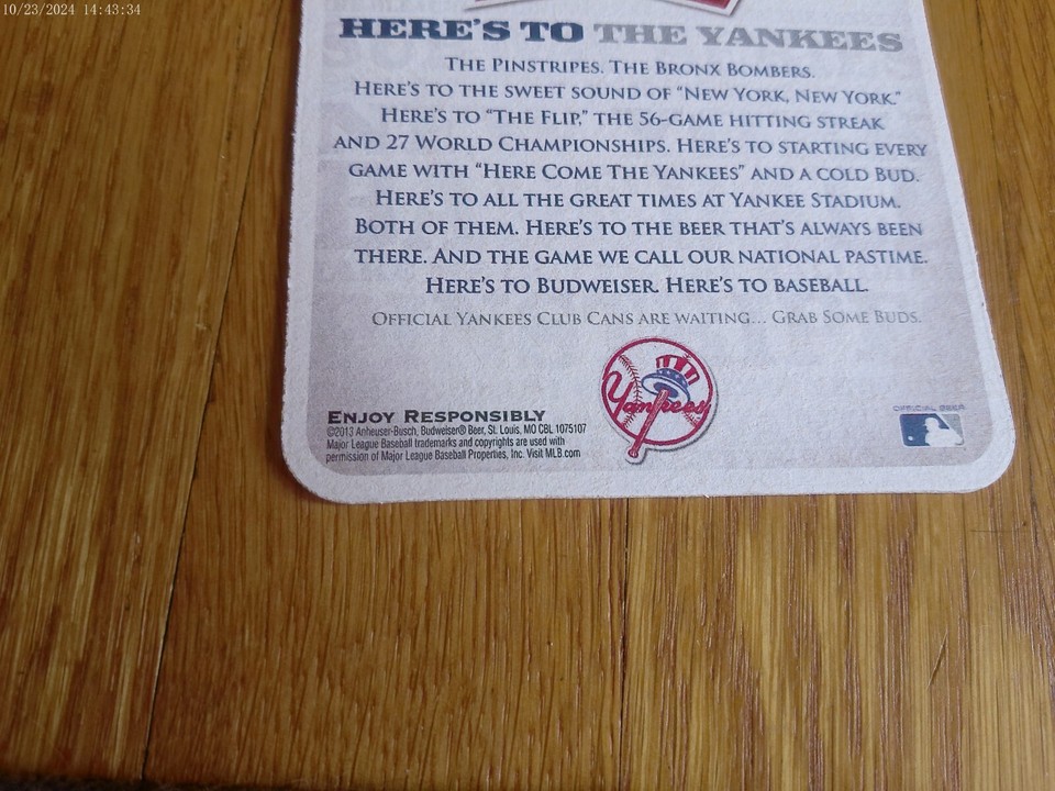 Yankee Baseball Collectible Budweiser Bud Beer Coaster 2013 Beermat