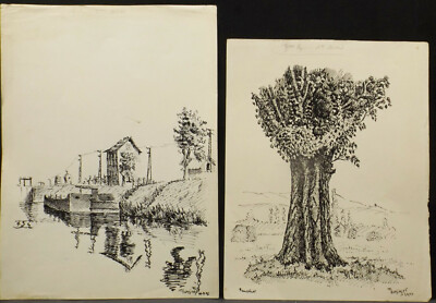2 Zeichnungen'' Au Canal pres du barrage-Peuplier''Tusche sign./dat. M.Hunsinger 