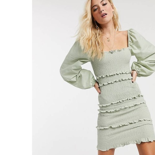 Topshop Green Smocked Long Balloon Sleeve Minidress Size 8 US / 12 UK D238 - 第 6/8 張圖片