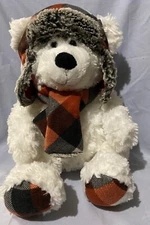 HUGFUN White Polar Christmas Teddy Bear w/ Red Plaid Scarf Hat Plush Toy 18" EUC