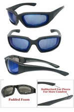 Motorcycle Padded Foam Wind Resistant Riding Glasses Sunglasses Blue Flash Lens