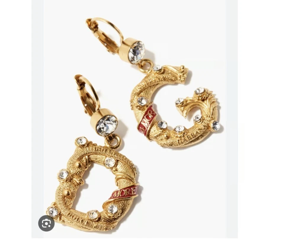 DOLCE GABBANA Gold Red Amore Love DG Logo Crystal Dangle Drop