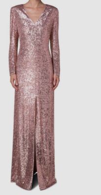 $5990 Akris Women Pink Sequin Long Sleeve Jersey V-Neck Gown Size 6