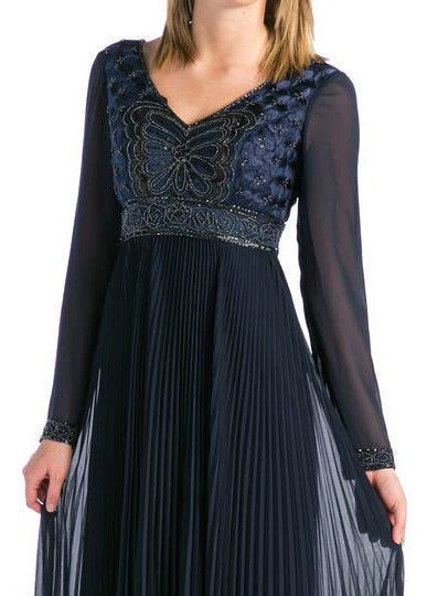 Sue Wong ~ Navy Chiffon Beaded Empire Double V Accordion Formal Gown 0 NEW $599 - Image 4 of 4