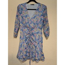 Zara Floral Mini Dress Ruched V Neck Long Sleeve Blue S