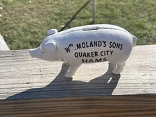 Wm. Moland's Sons Quaker City Hams White Pig Cast Iron Coin Piggy Bank
