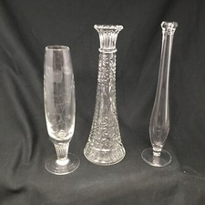 3 Vtg Glass Crystal Bud Vases Wheel Cut Crystal Swirl Base Flower Design Blown