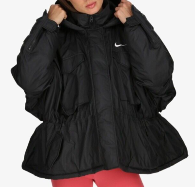 Nike Black Jacket White Swoosh Logo Oversized Insulated Coat