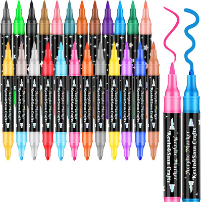 24 Colors Dual Tip Acrylic Paint Marker Pens Set, Multifunctional Acrylic Tips