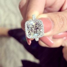 3.45 TCW Cushion Cut Moissanite Halo Engagement Ring in 14K White Gold Plated