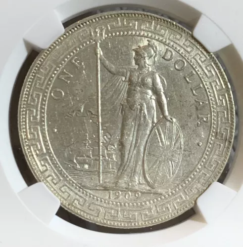 1909 B BRITAIN TRADE DOLLAR HONG KONG SILVER DOLLAR NGC UNC