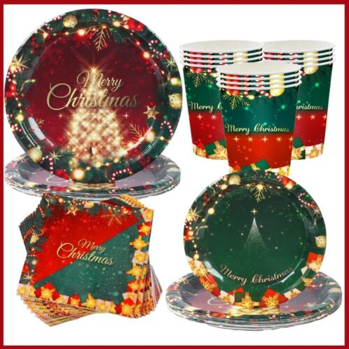 16 Servings Christmas Party Supplies Cup Plate Napkins Tablecloth  Dinner - Picture 1 of 18