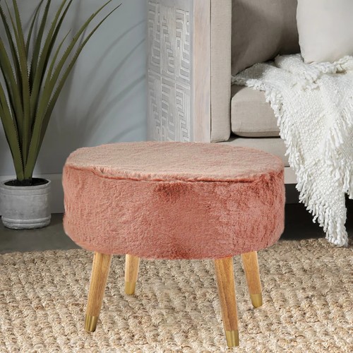 Modern Oval Faux Fur Ottoman Plush Padded Pouf w/ Wood Legs for Cozy Home Decor - Picture 21 of 80