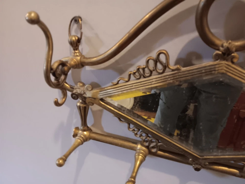 Antique Victorian Bevel Mirror With Serpents Brass 6 Hook Wall Hanging Coat Rack - Image 3 of 4