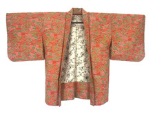 Vintage Silk Haori Kimono Jacket L 25.2in Yuki Japan Pink Wisteria Floral Yuzen