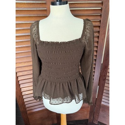 Moa Moa Brown Swiss Dot Square Neck Smocked Peplum Blouse Long Sleeve Women L