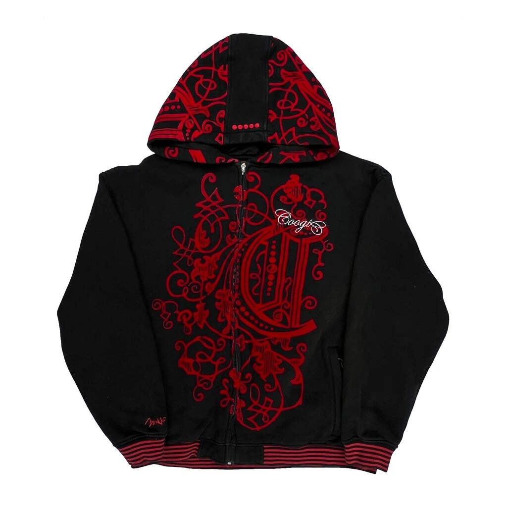 Coogi Full Zip Graphic Hoodie - Large Black Cotton Blend
