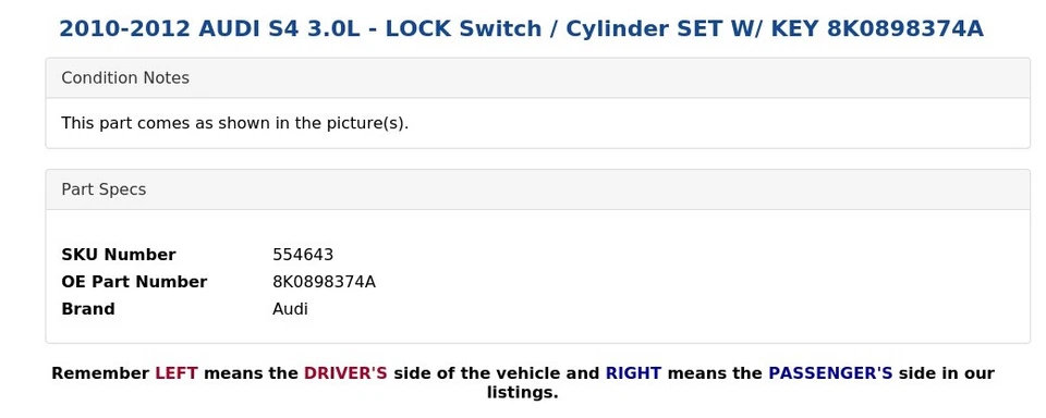 AUDI S4 2010-2012 3,0 L - Interruptor de bloqueo / Juego de cilindros con llave 8K0898374A Foto 4 de 4