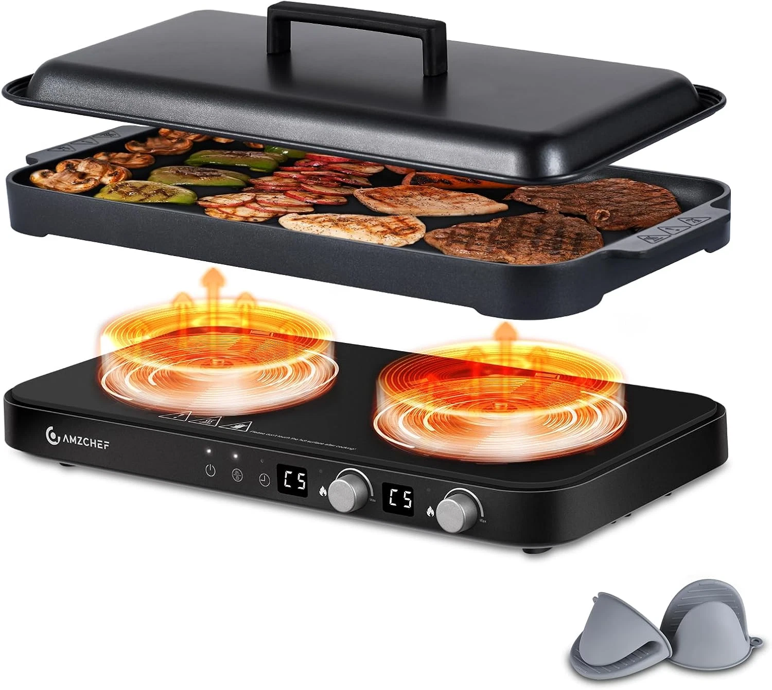 Portable Double Induction Cooktop with Griddle Pan, 1800W, 2 Burners