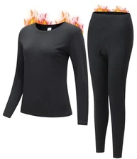  Women Thermal Underwear Set, Long Johns Base Layer Top & Bottom, Small Black