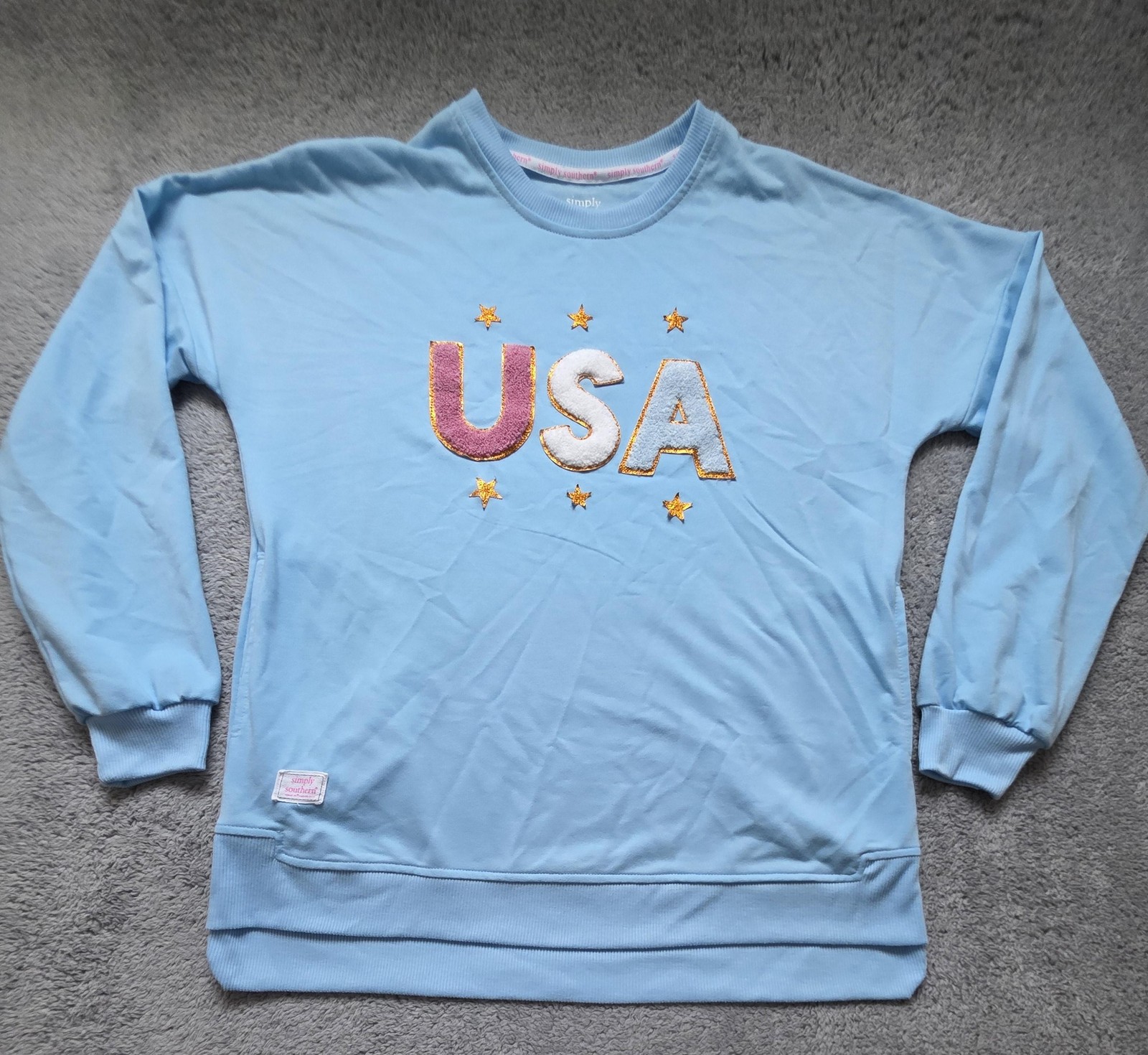 Sweatshirt Womens Medium Blue USA Chenille Glitter Stars Fleece Simply Southern-image