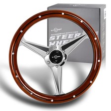 14 Universal 350mm 6 Bolt Hole Wood Mahogany Grip Steering Wheel Chrome 3-spoke