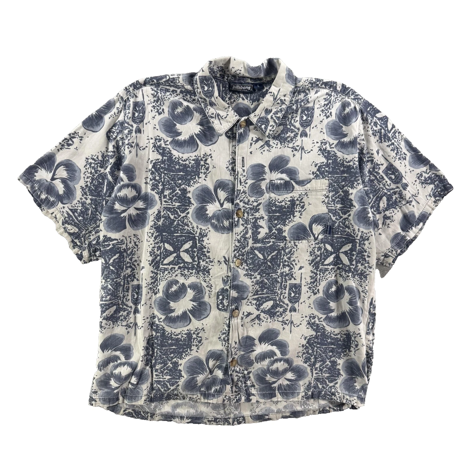 VTG Billabong Shirt Mens Large Blue Hawaiian Floral Short Sleeve Button Up Aloha