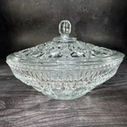 Vintage Federal Glass Windsor Button & Cane Clear Covered Candy Powder Dish