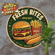 Burger And Fries Fast Food Cafe Round Metal Tin Decor Sign 8x8