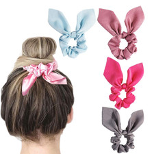 Solid Colors Hair Scrunchies Cute Bunny Ears Hair Ties Ponytail Holders with Bow