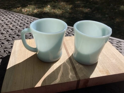 Set 2 Fire King D Handle Coffee Mugs Delphite Glass Light Blue