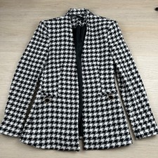 Zara Womens Small Black White Houndstooth Tweed Blazer Jacket Gold Accent Button