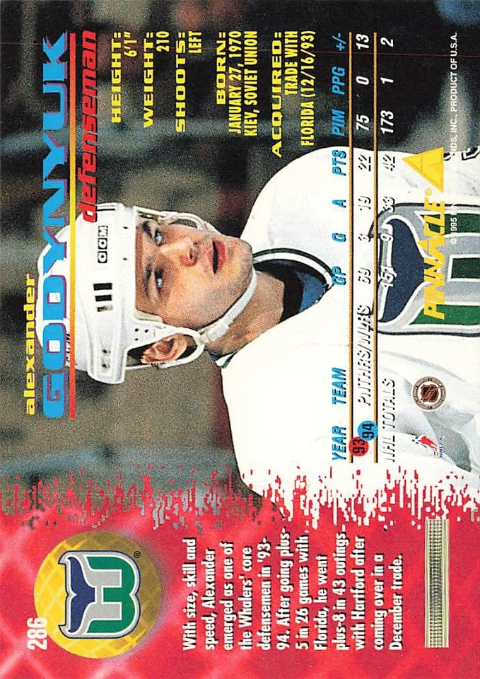 1994 Pinnacle #286 Alexander Godynyuk Hartford Whalers - Image 2 of 2
