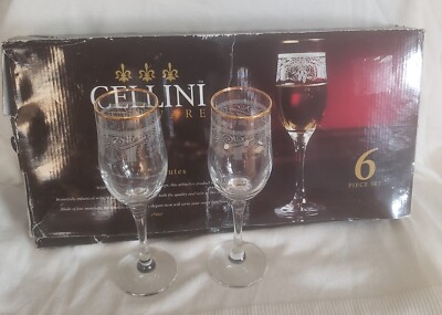NIB Set of 6 Cellini Stemware 24 Kt Gold Trim Flutes Crystal Glasses Italy