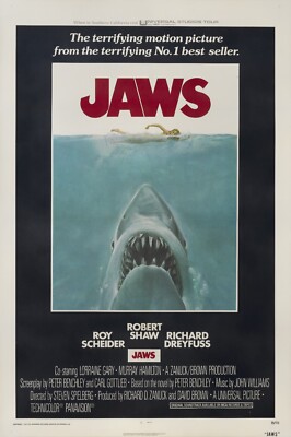 JAWS 1975 US ein Blatt Poster Druck 27x41'' Roy Scheider Richard Dreyfuss KOSTENLOSER VERSAND