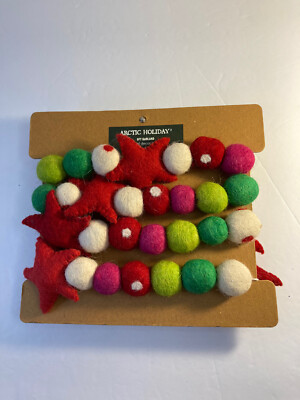 New Arctic Holiday 100% Wool Felt 6FT Star Pom Poms Christmas Tree Garland