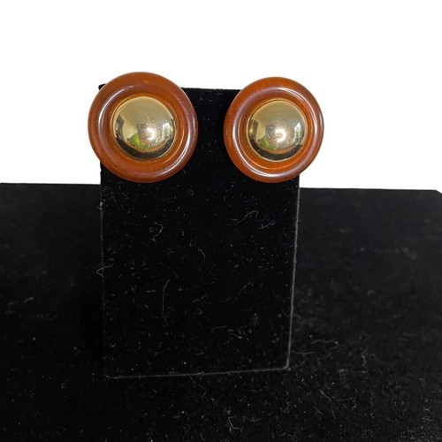 Vintage 80s/90s Kenneth Jay Lane Clip On Earrings Round Gold Lucite Studs - Picture 4 of 5
