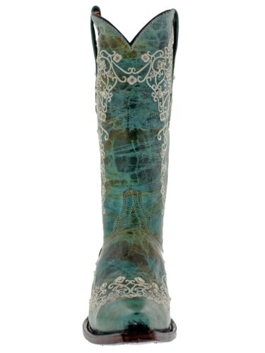 Womens Western Cowboy Boots Turquoise Leather Floral Embroidered Snip Toe Botas - Picture 4 of 6