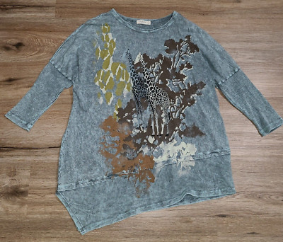 Jess& Jane size L Cotton Knit Tunic Top Giraffes Tie Dye Hi-Low