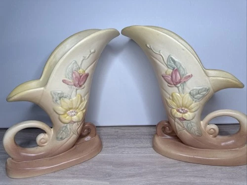 Hull Pottery USA 9-8 Cornucopia Vase Pair Matte Pastel Floral