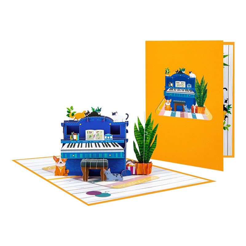 Piano & Cats Scene Whimsical 3D Pop Up Greeting Card